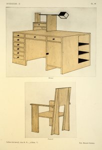 Cabinet de travail V, chez M. R.., Pariisi, kuvitus Leon Moussinacin teoksesta Interieurs, pub. Albert Levy, 1924-26